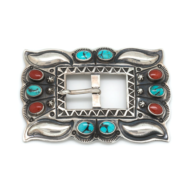 Silver Turquoise and Coral Buckle