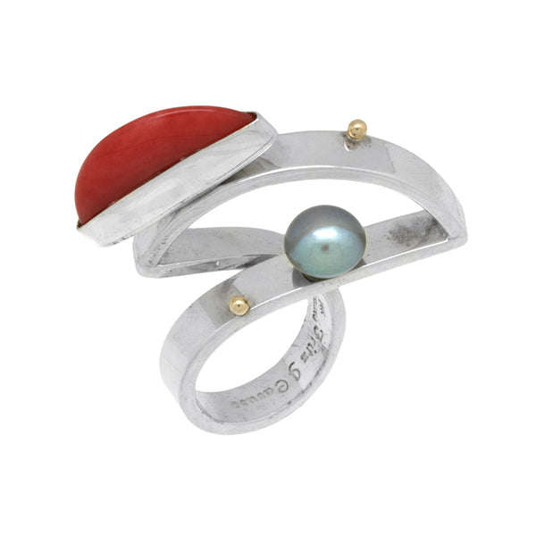 Silver Coral and Pearl Ring